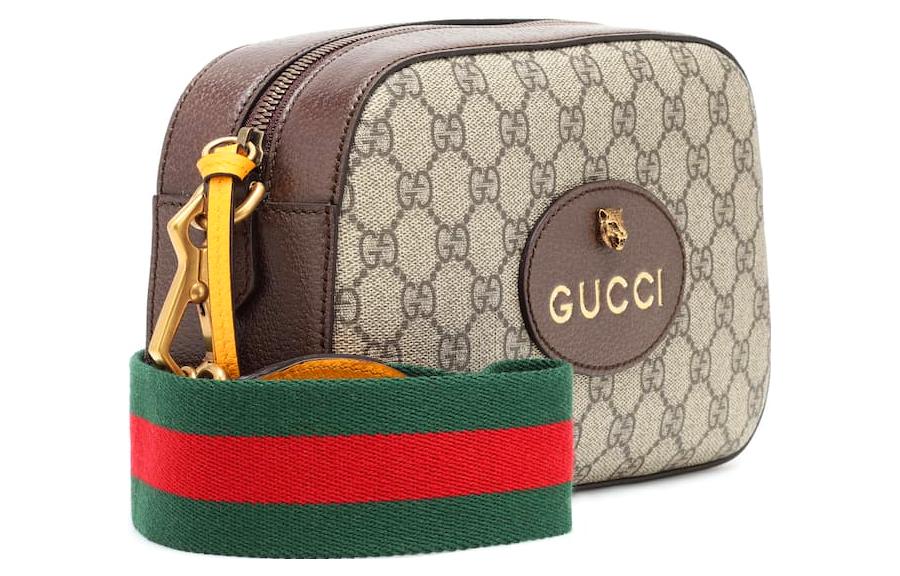 GUCCI Neo Vintage Metallic Tiger Head Logo Stripe Webbing Shoulder Messenger Bag Unisex / / Brown / Yellow 476466-K9GVT-8856