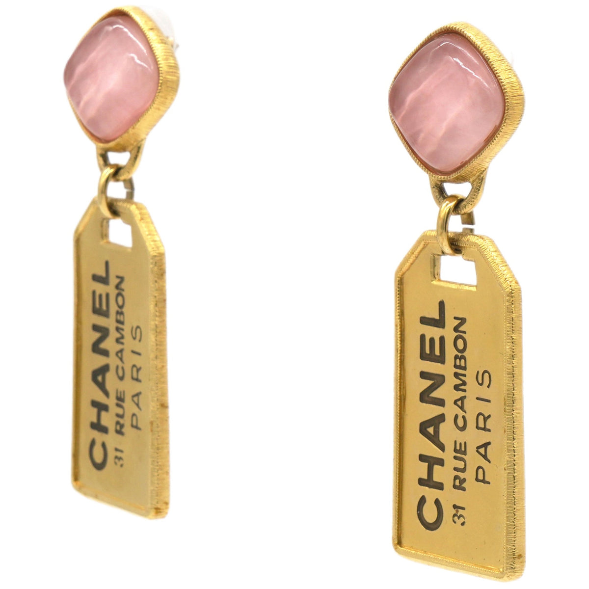 Chanel Pink Stone Badget CC Tags Drop Earrings Gold