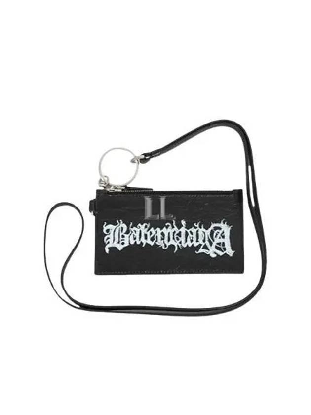 Luxury Balenciaga  Logo Print Neck Strap Leather Card Wallet Black
