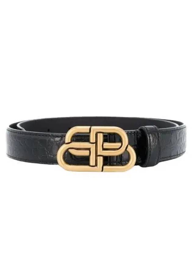 Luxury Balenciaga  WoMen's Crocodile Embossed BB Buckle Thin Belt Black