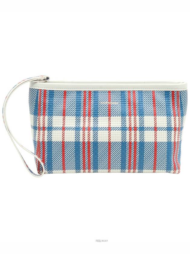 Luxury Balenciaga  Multi check printed gold lettering logo hand strap Babes pouch clutch