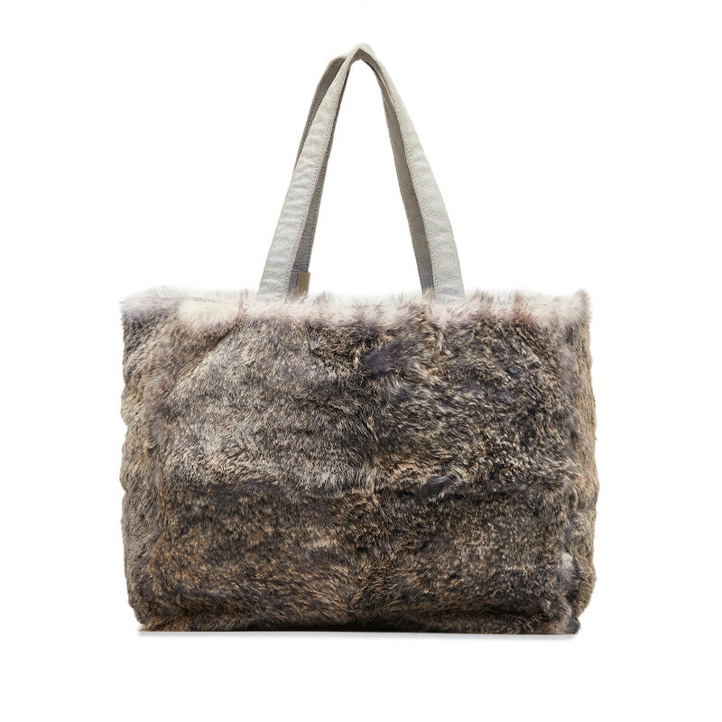 Chanel Coco Mark Handbag Tote Bag Grey Rabbit Fur Suede Women's
