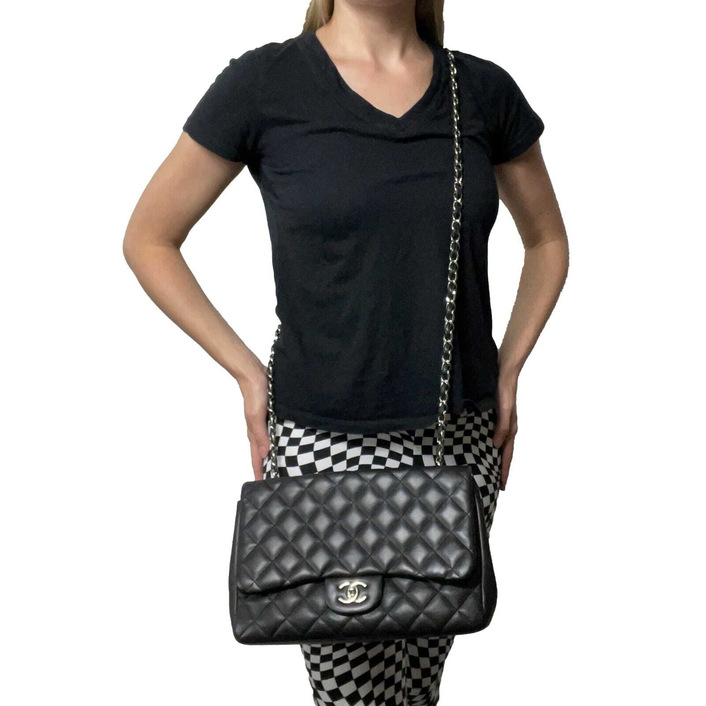 CHANEL - Jumbo Classic Flap CC Quilted Black Lambskin Shoulder Bag / Crossbody