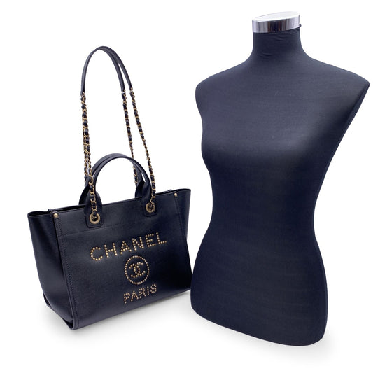 CHANEL Black Caviar Leather Studded Deauville Tote Shoulder Bag