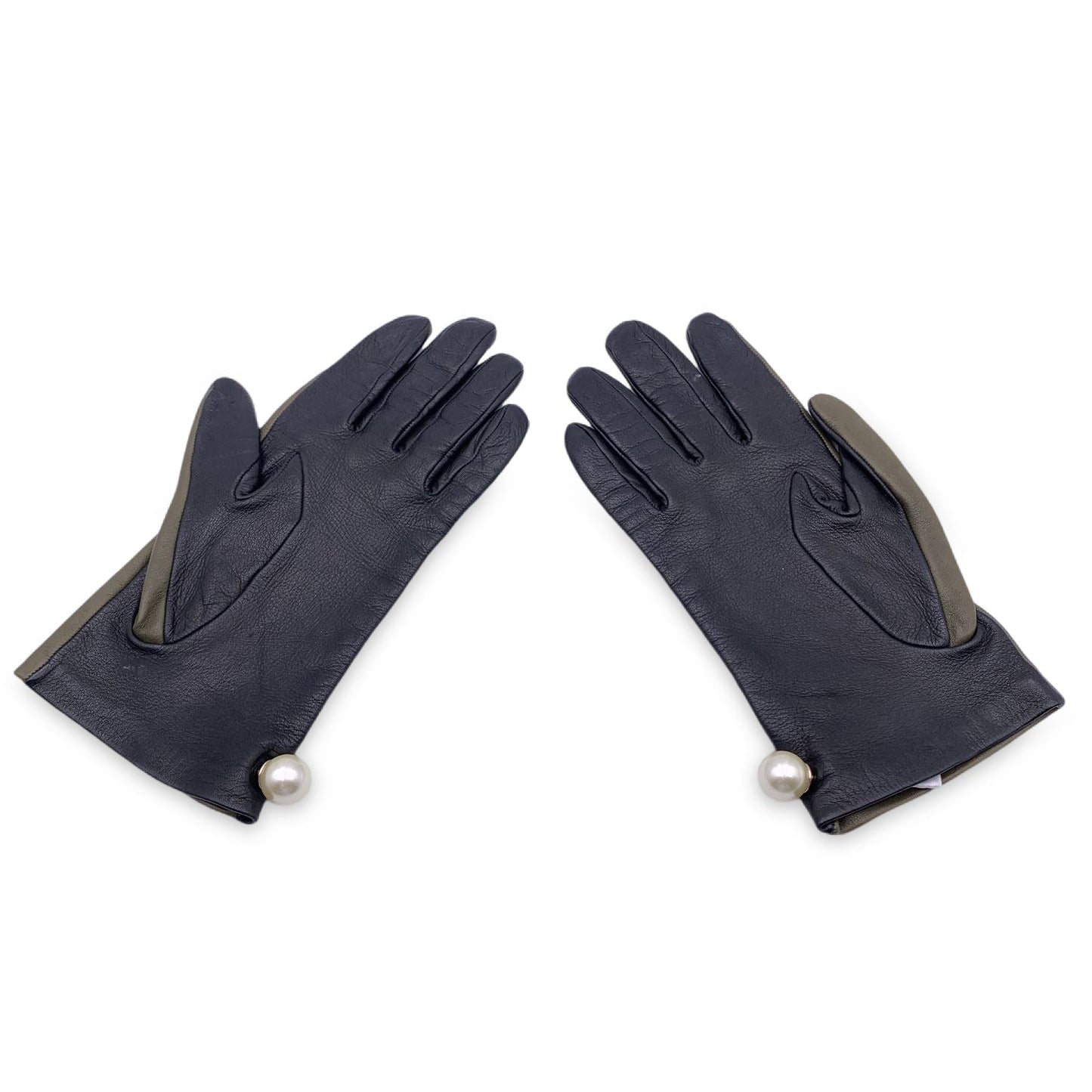 CHRISTIAN DIOR Green Black Leather Tribales Pearl Gloves Size 7.5