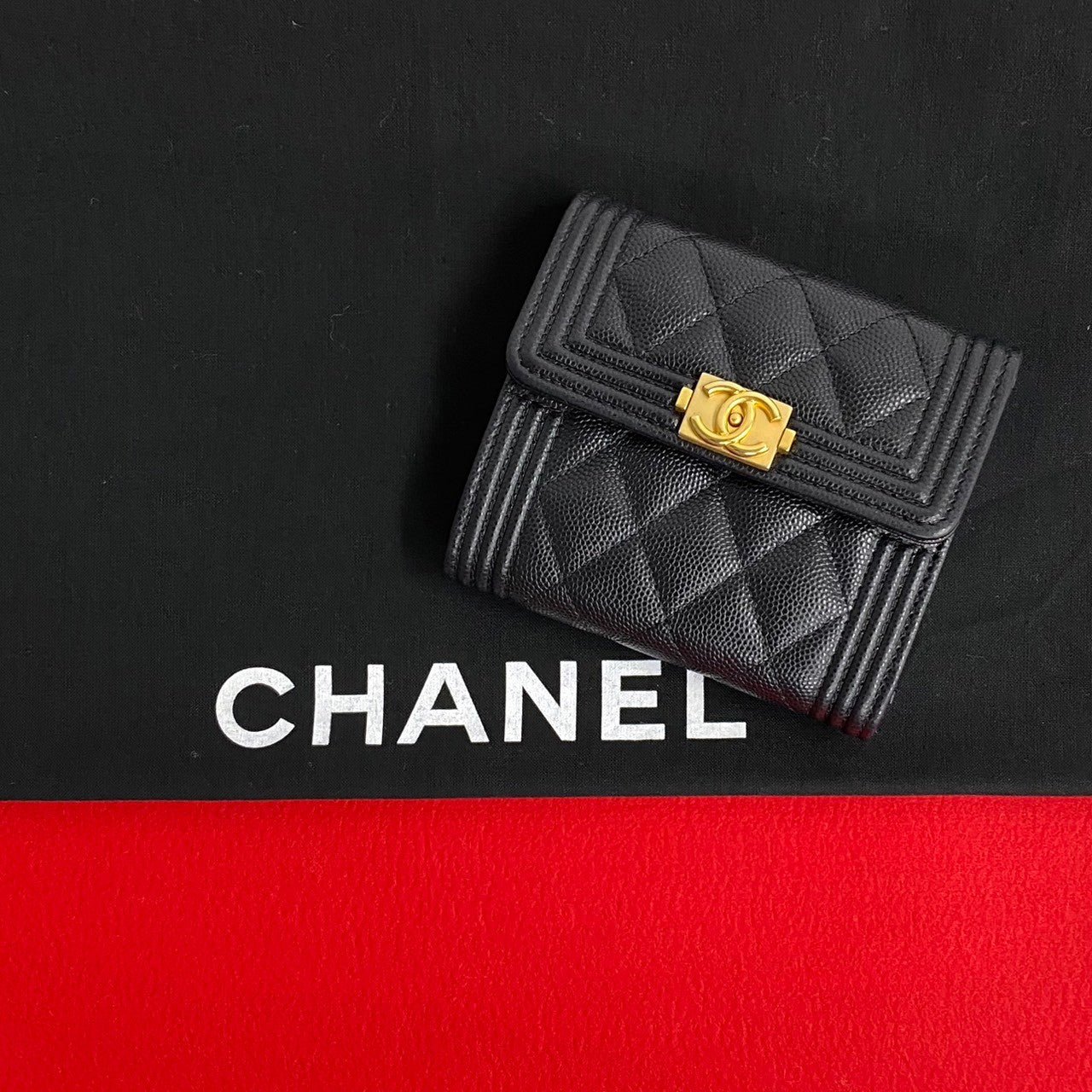CHANEL Bifold Wallet Matt caviar skin black Matrasse Boy chanel