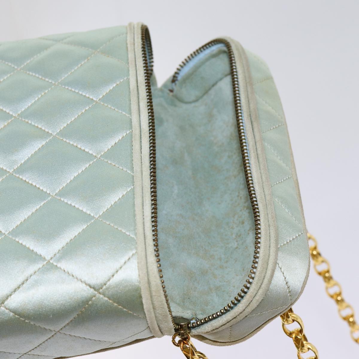 Top Quality Chanel Matelasse Chain Shoulder Bag Satin Light Blue CC Auth 70064A