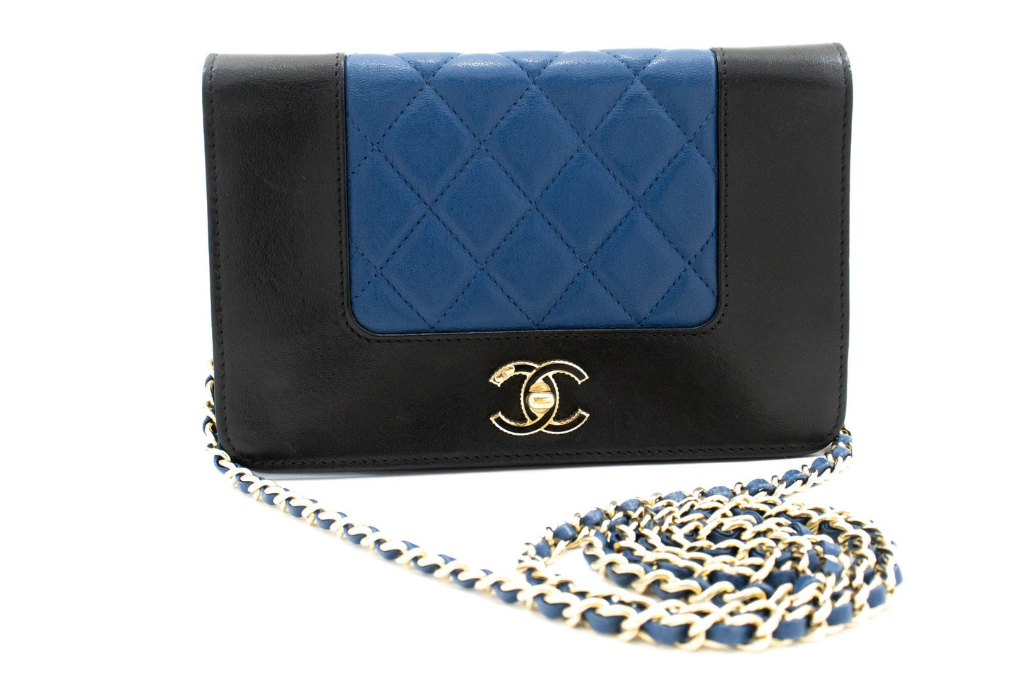 CHANEL Black Blue Wallet On Chain WOC Shoulder Bag Crossbody Gold