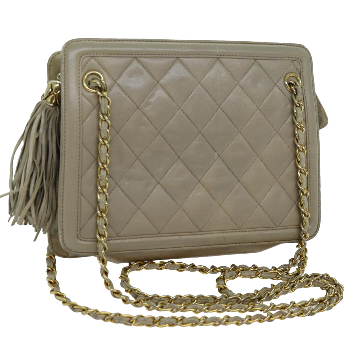 CHANEL Matelasse Chain Shoulder Bag Leather Beige CC Auth 70254