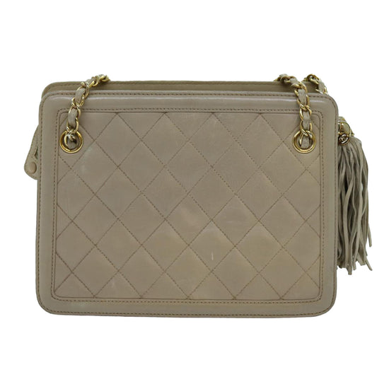 CHANEL Matelasse Chain Shoulder Bag Leather Beige CC Auth 70254