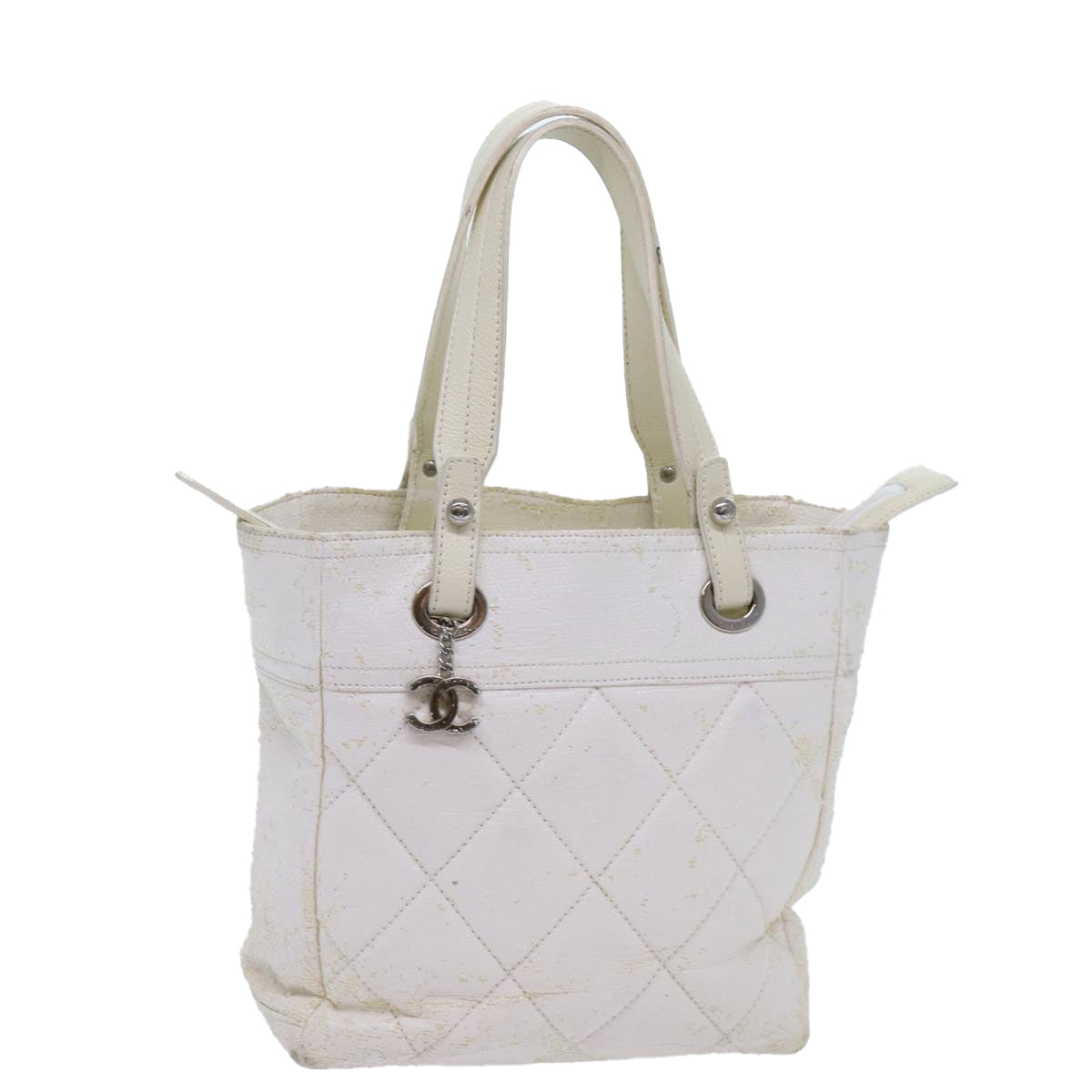 CHANEL Paris Biarritz PM Tote Bag Coated Canvas White CC Auth 70278