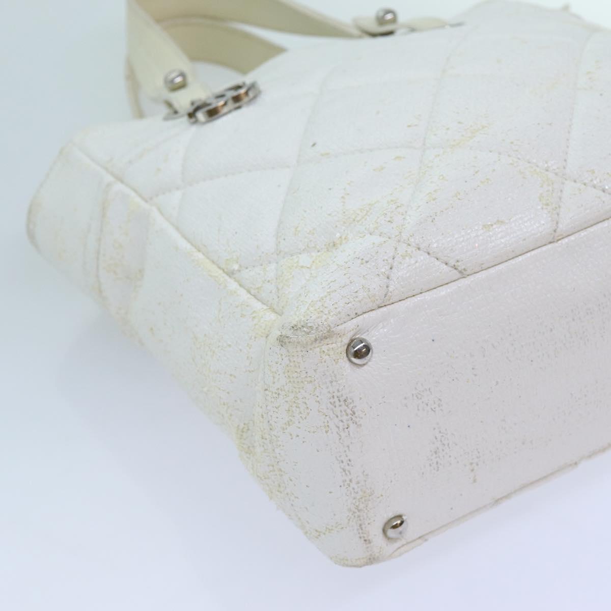 CHANEL Paris Biarritz PM Tote Bag Coated Canvas White CC Auth 70278