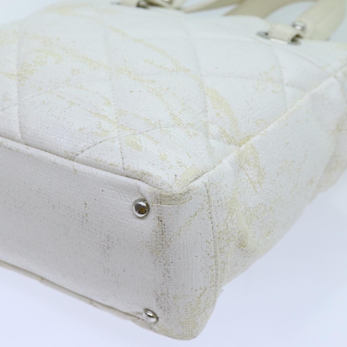 CHANEL Paris Biarritz PM Tote Bag Coated Canvas White CC Auth 70278