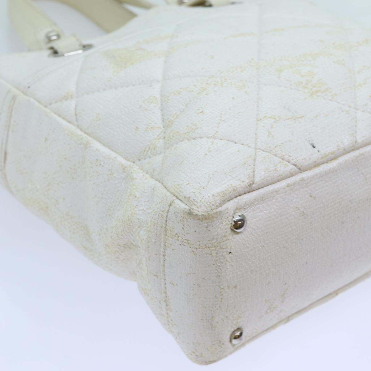 CHANEL Paris Biarritz PM Tote Bag Coated Canvas White CC Auth 70278