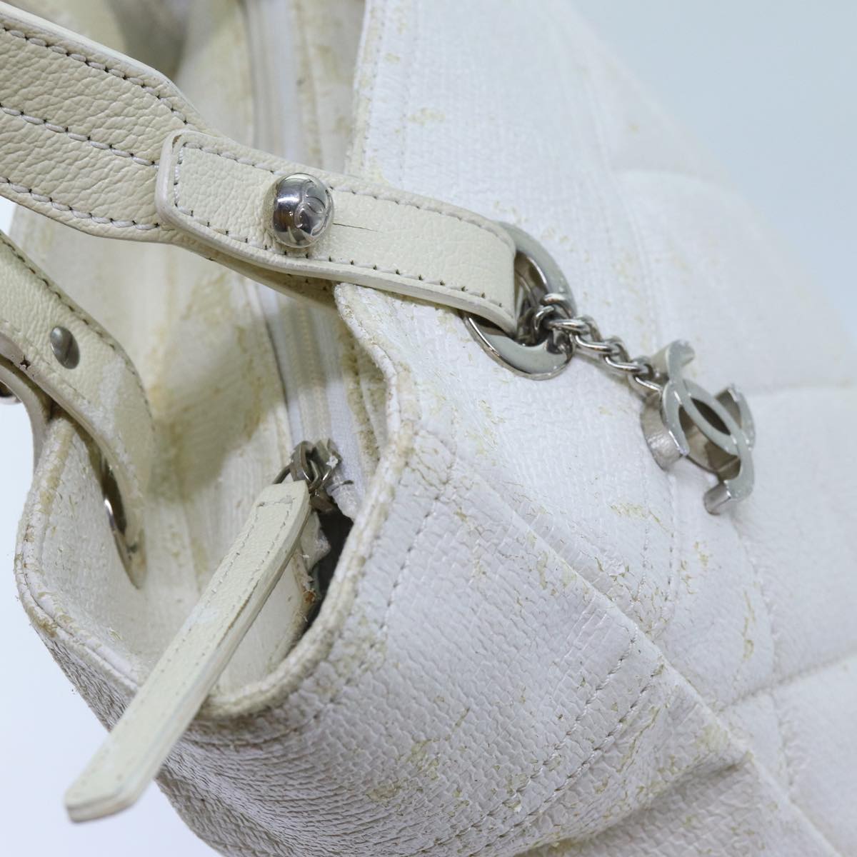 CHANEL Paris Biarritz PM Tote Bag Coated Canvas White CC Auth 70278