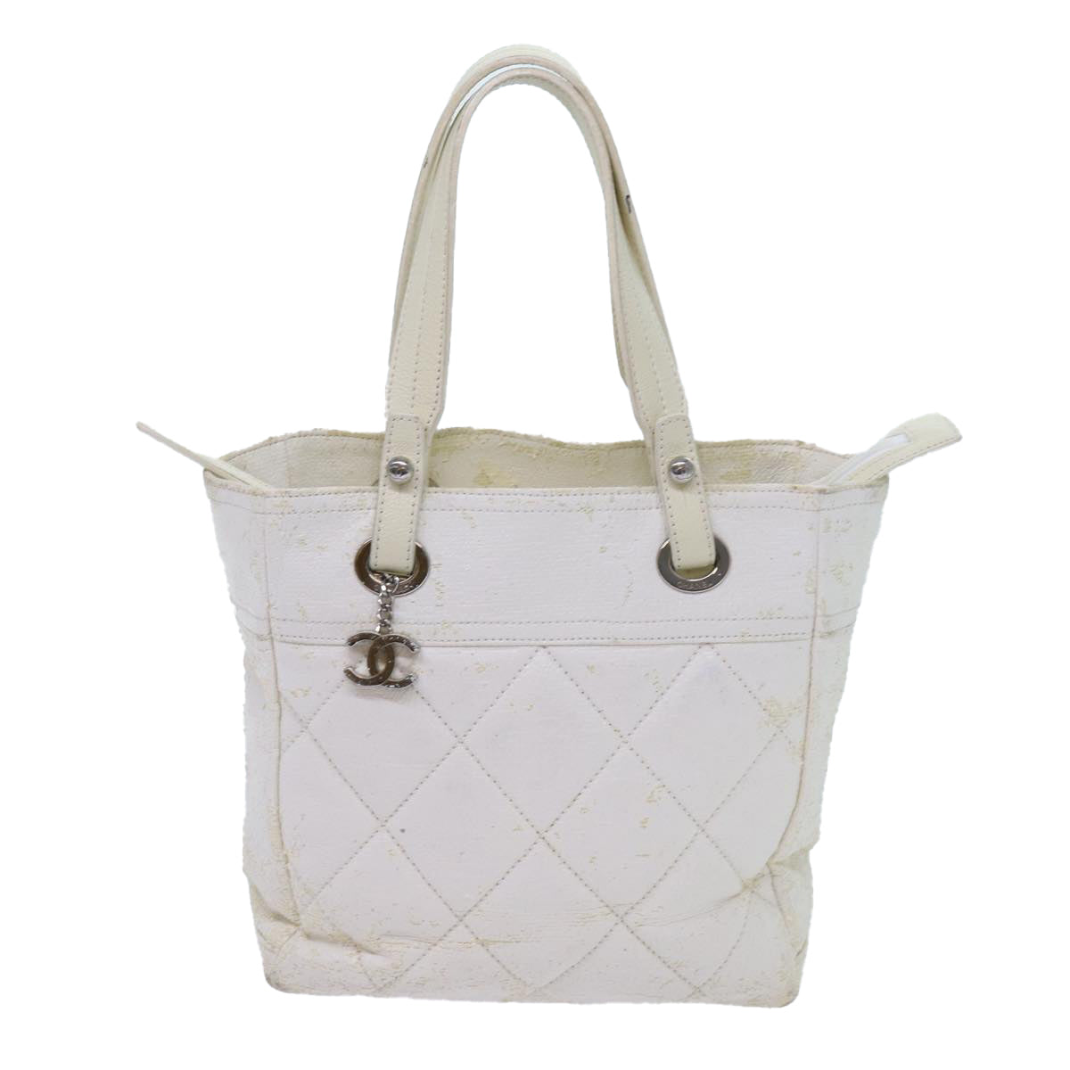 CHANEL Paris Biarritz PM Tote Bag Coated Canvas White CC Auth 70278