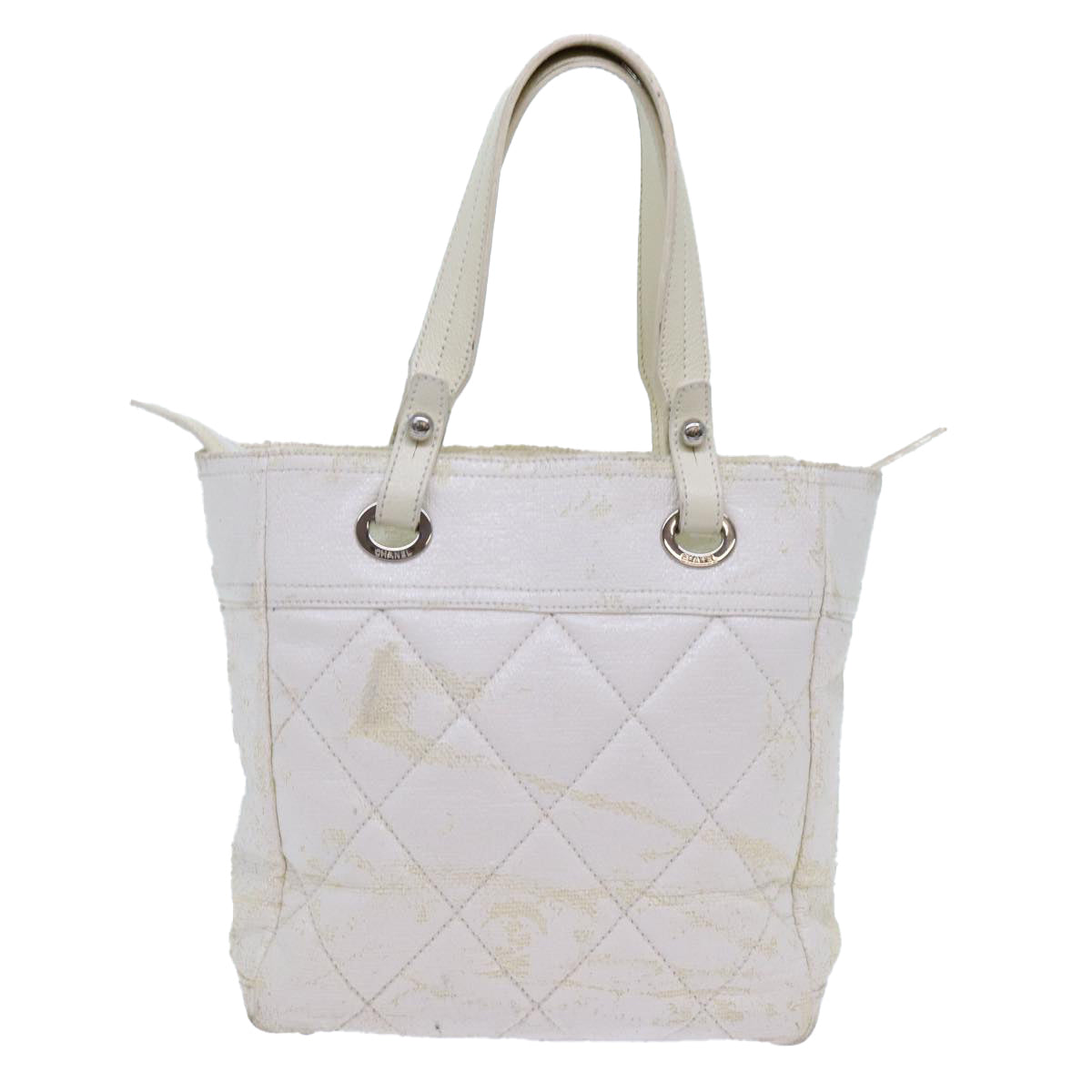 CHANEL Paris Biarritz PM Tote Bag Coated Canvas White CC Auth 70278