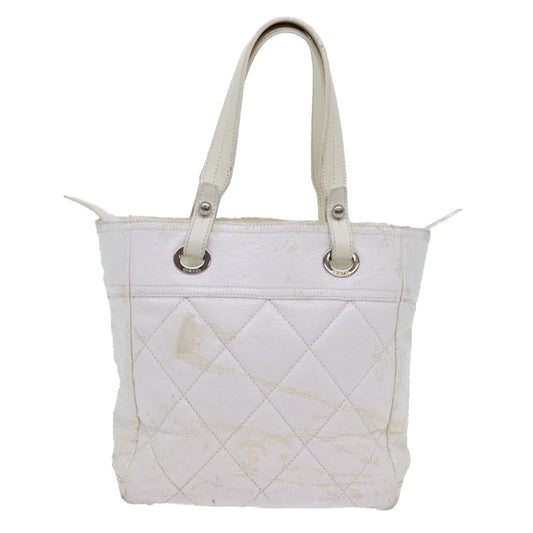 CHANEL Paris Biarritz PM Tote Bag Coated Canvas White CC Auth 70278