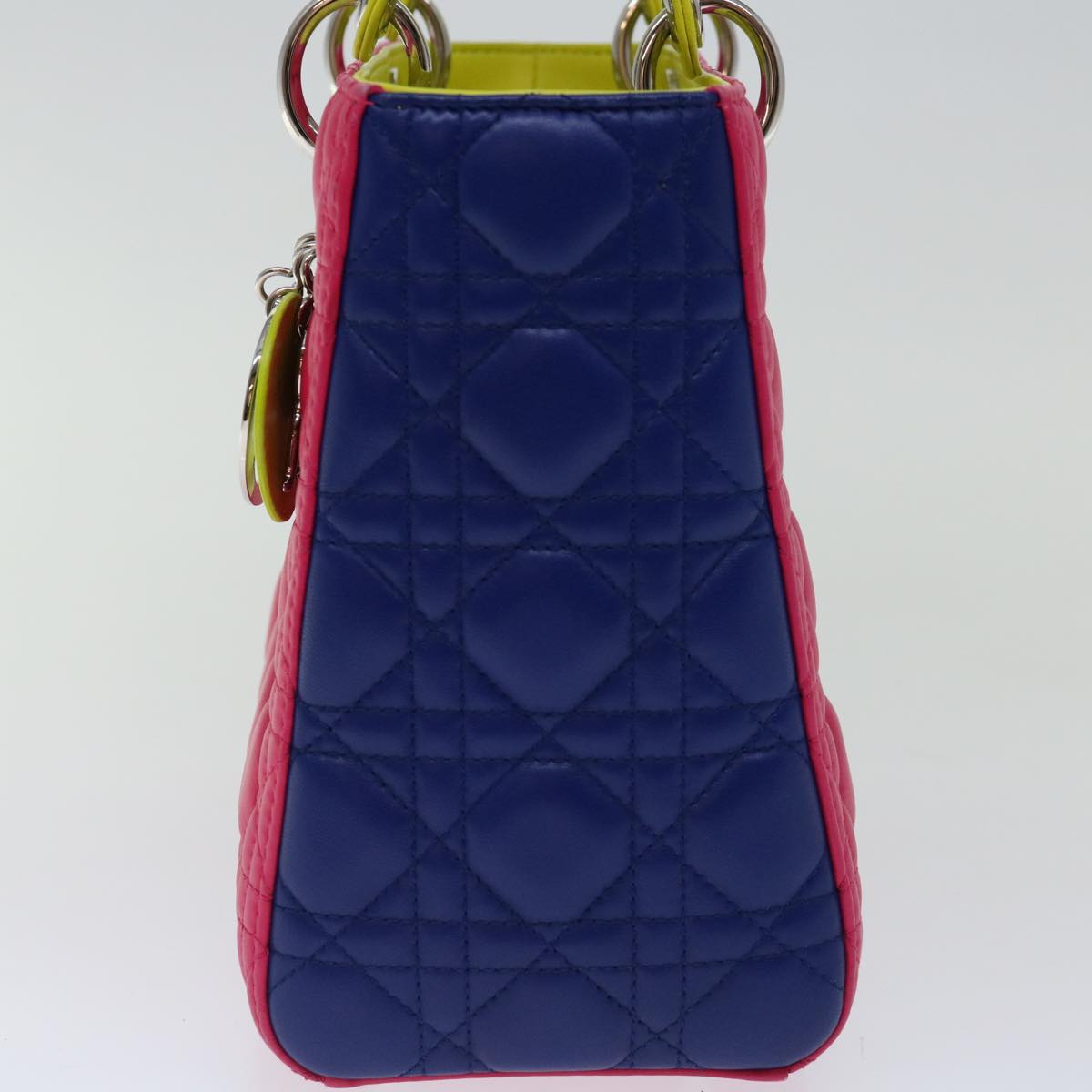 CHRISTIAN DIOR Lady Dior Canage Hand Bag Lamb Skin Blue Pink Auth 70762S