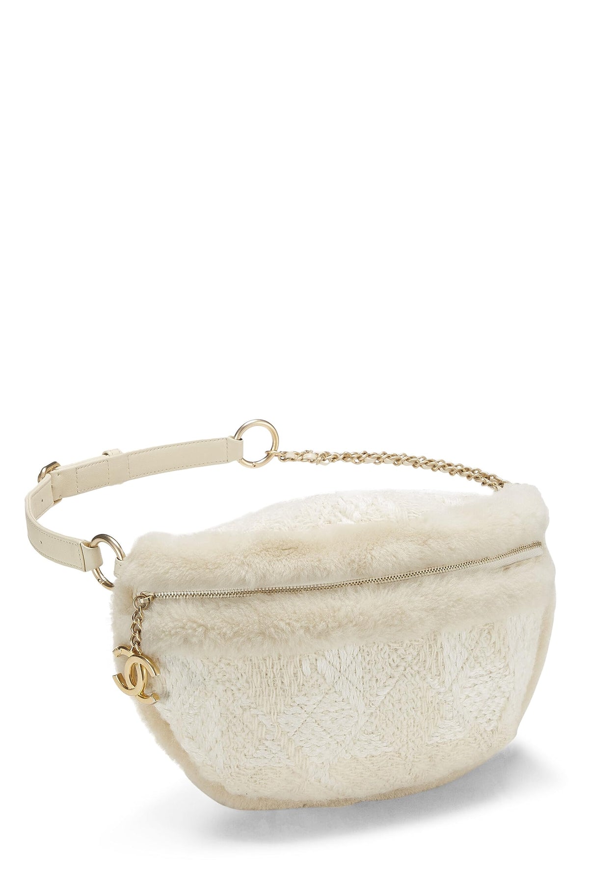 Chanel,  Ivory Tweed & Shearling Belt Bag, White