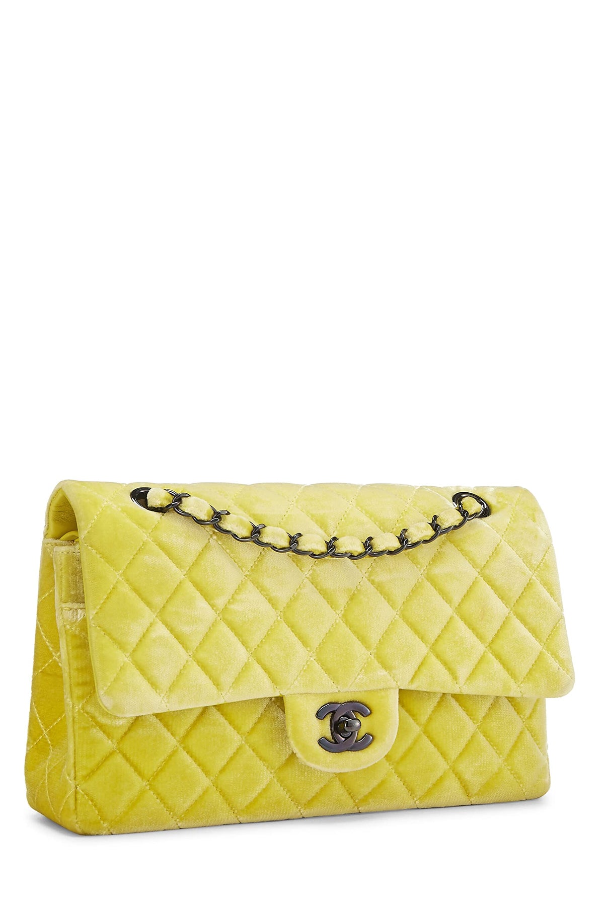 Chanel,  Yellow Quilted Velvet Classic Double Flap Medium, Yellow