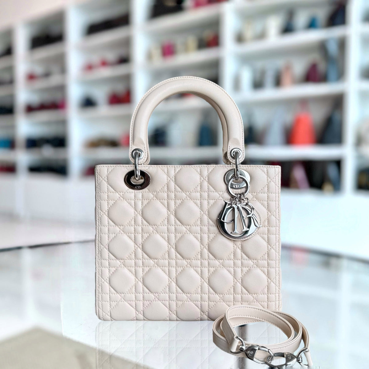 Dior Lady Medium - Cannage Lambskin Nude Silver Hardware