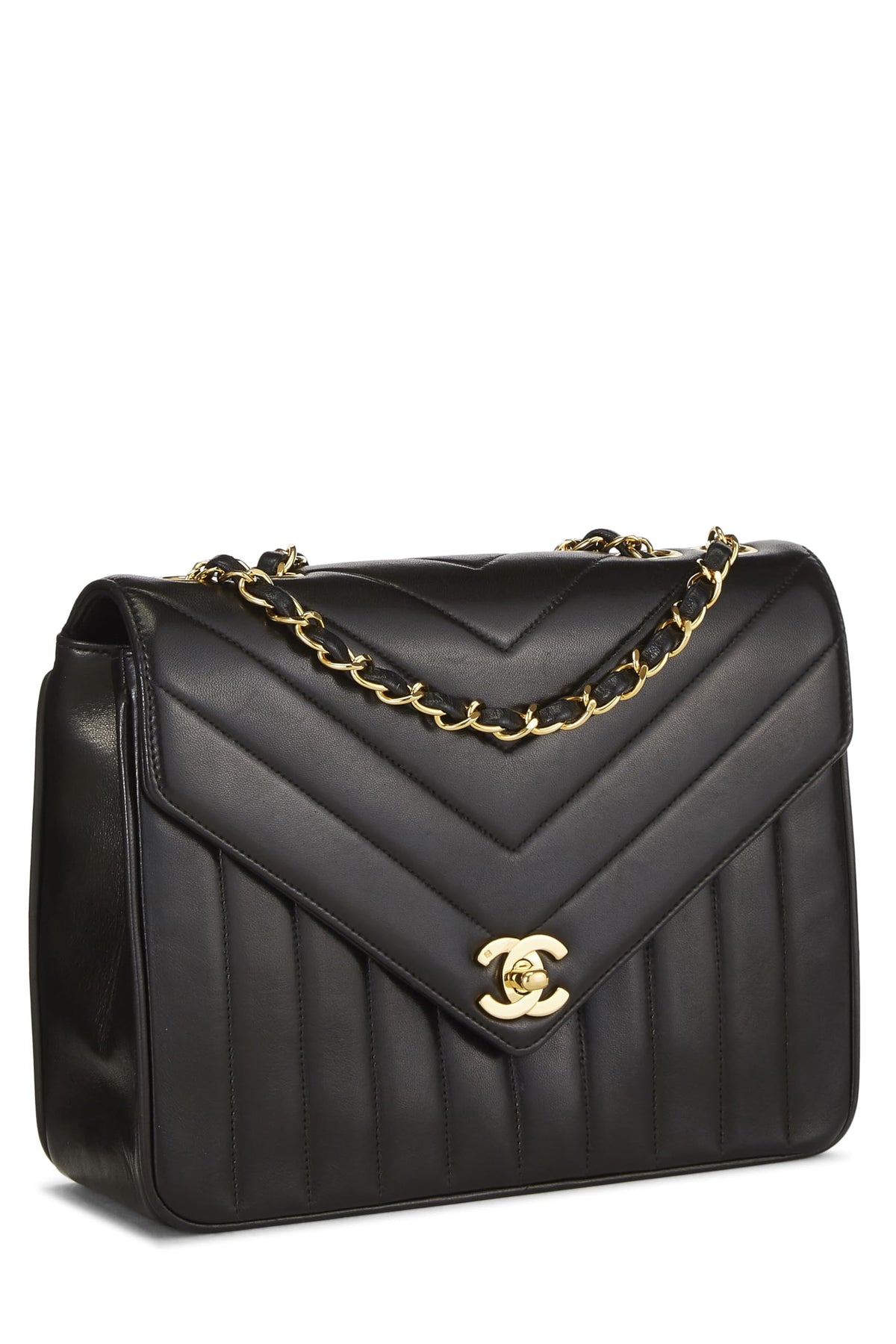 Chanel,  Black Chevron Lambskin Envelope Flap Small, Black