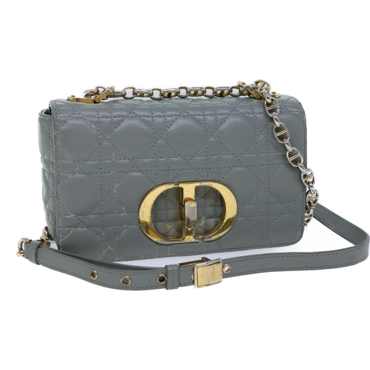 CHRISTIAN DIOR Canage Caro Shoulder Bag Leather Gray Auth 71331A