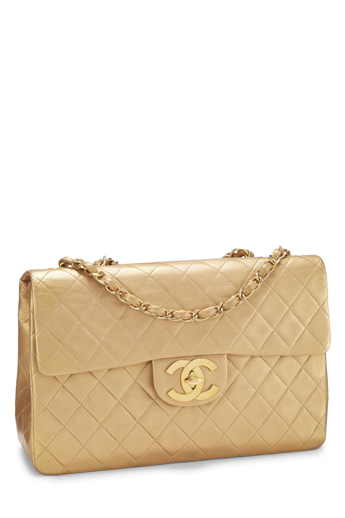 Chanel,  Gold Quilted Lambskin Half Flap Jumbo, Gold