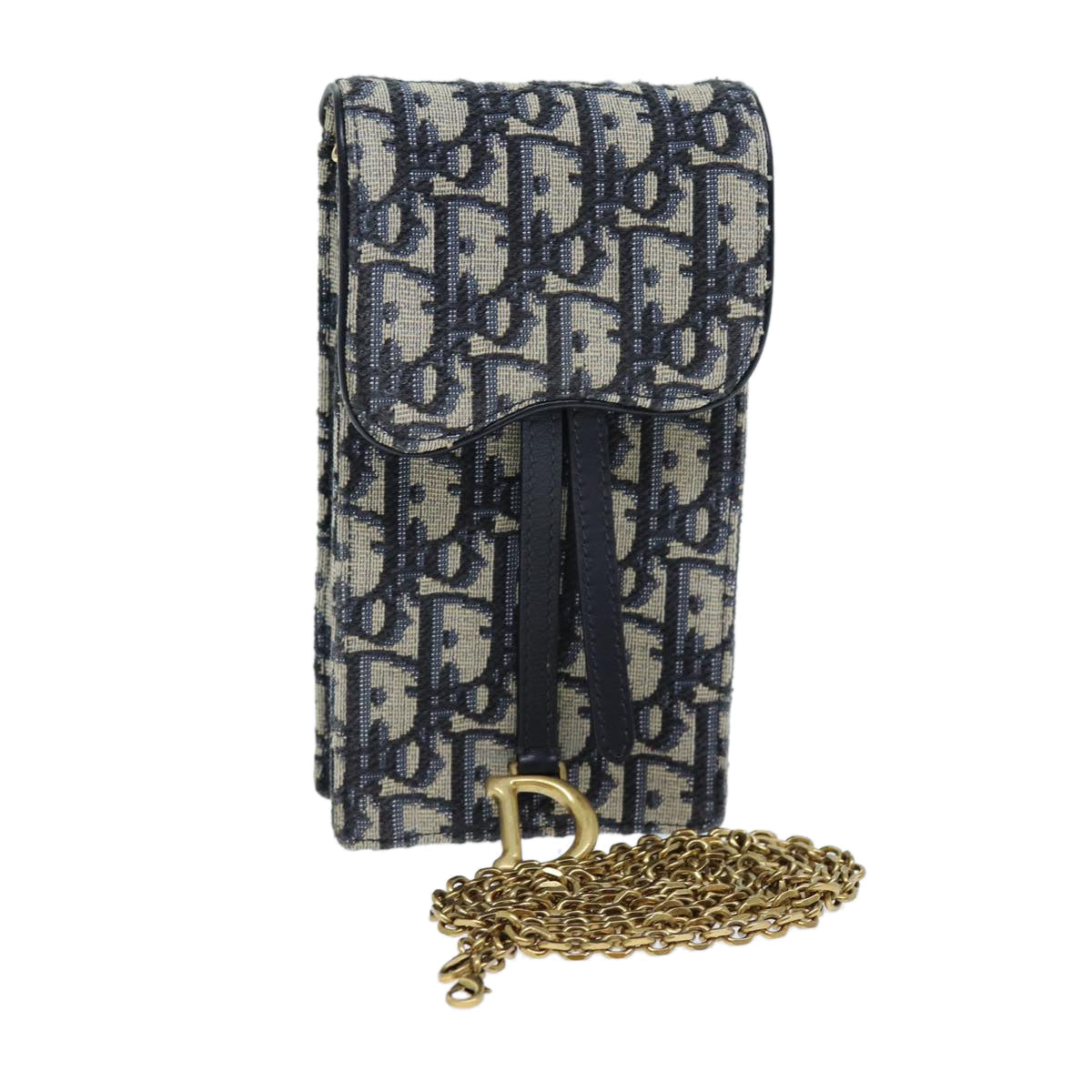 CHRISTIAN DIOR Trotter Canvas Chain Shoulder Bag Navy Auth 71549A