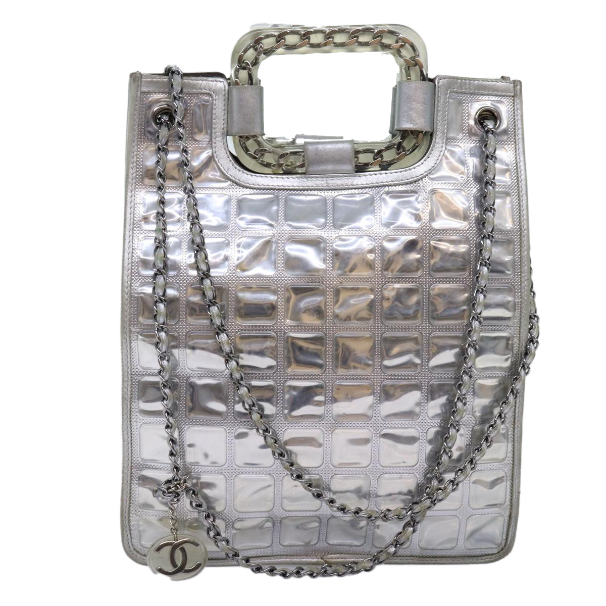 Top Quality Chanel Ice Cube Chain Shoulder Bag Vinyl 2way Silver CC Auth 71650