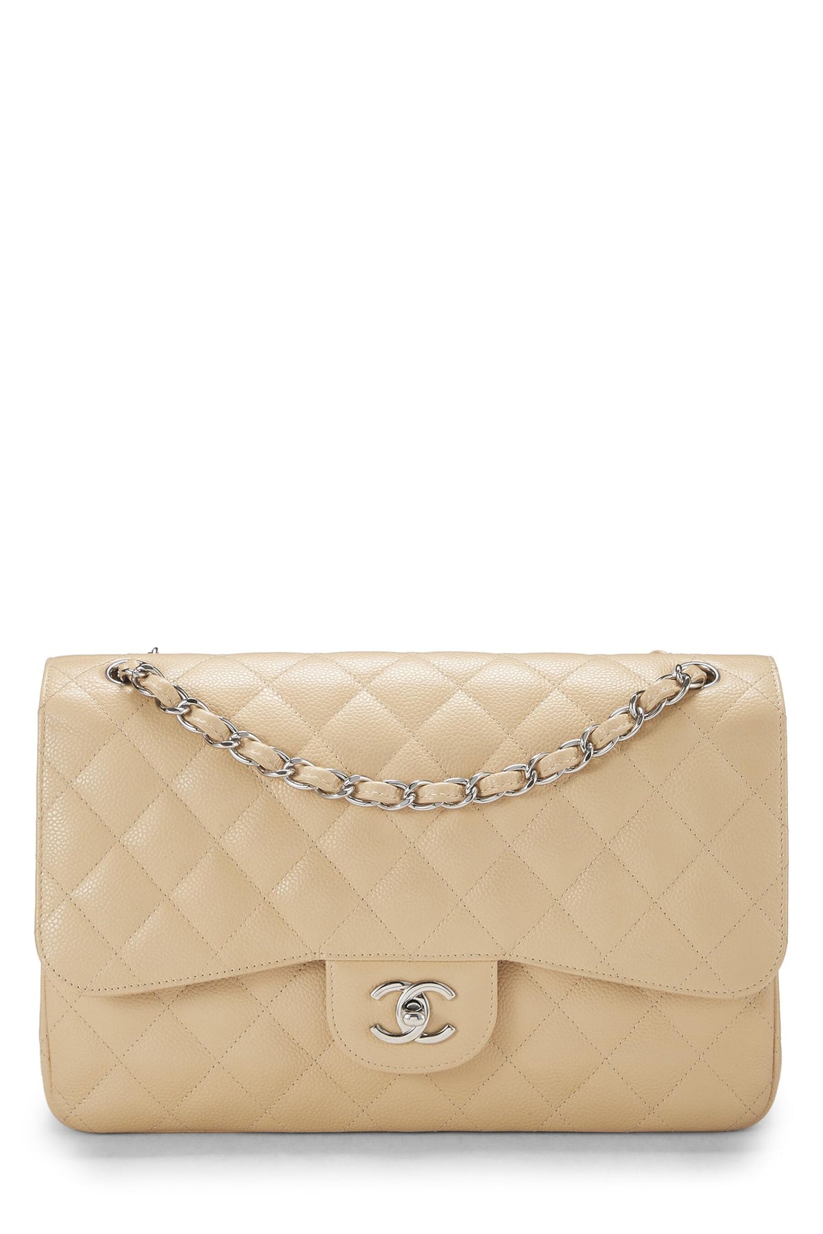 Chanel,  Beige Quilted Caviar New Classic Double Flap Jumbo, Beige