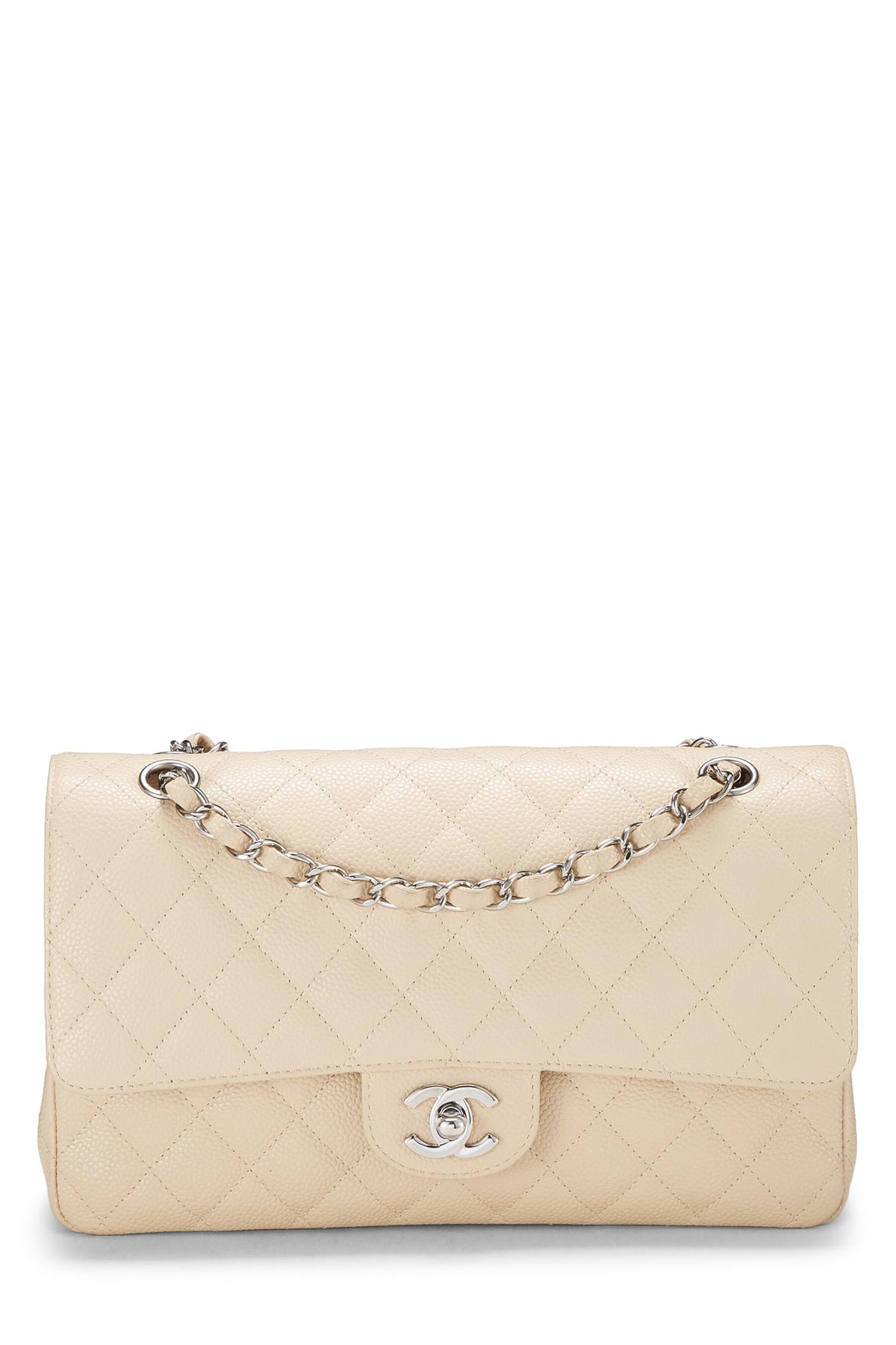 Chanel,  Beige Quilted Caviar Classic Double Flap Medium, Beige