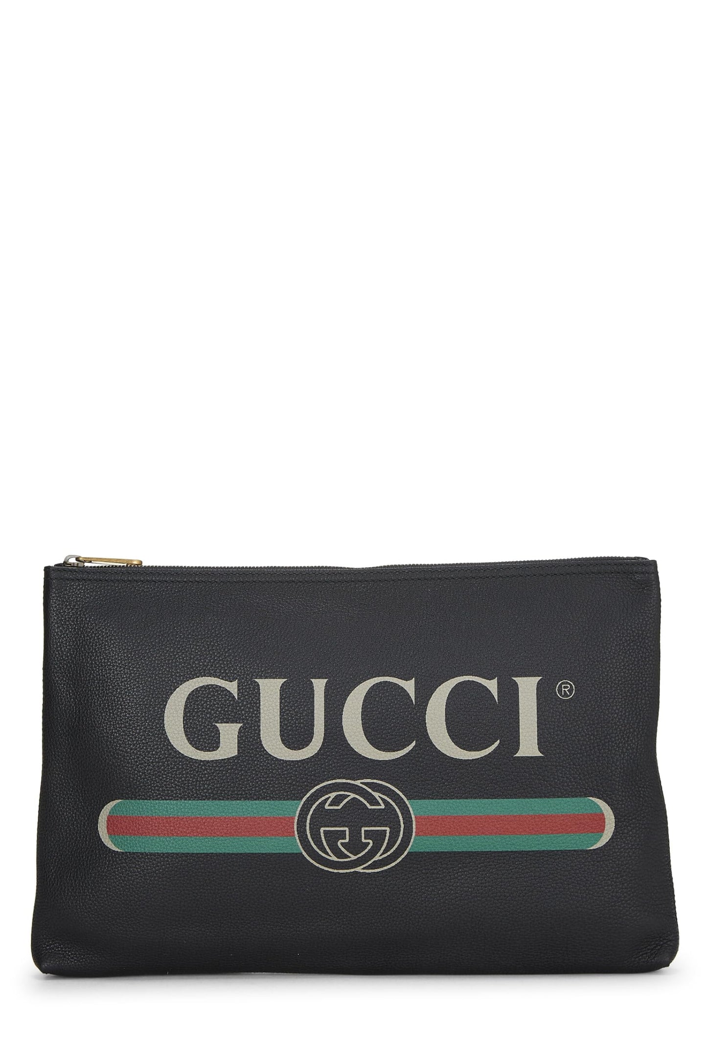 Gucci, Black Leather Logo Print Pouch, Black