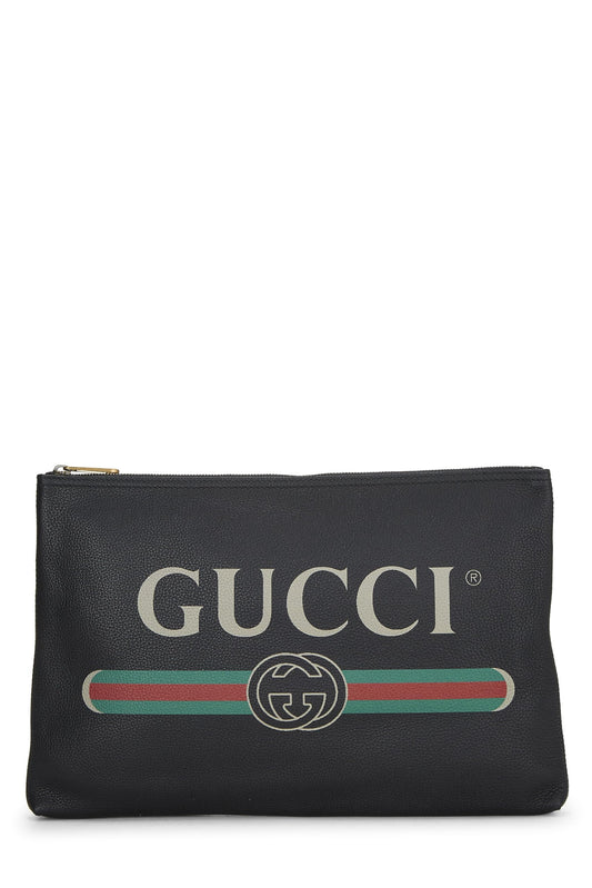 Gucci, Black Leather Logo Print Pouch, Black