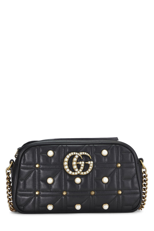 Gucci, Black Leather & Faux Pearl GG Marmont Crossbody Small, Black