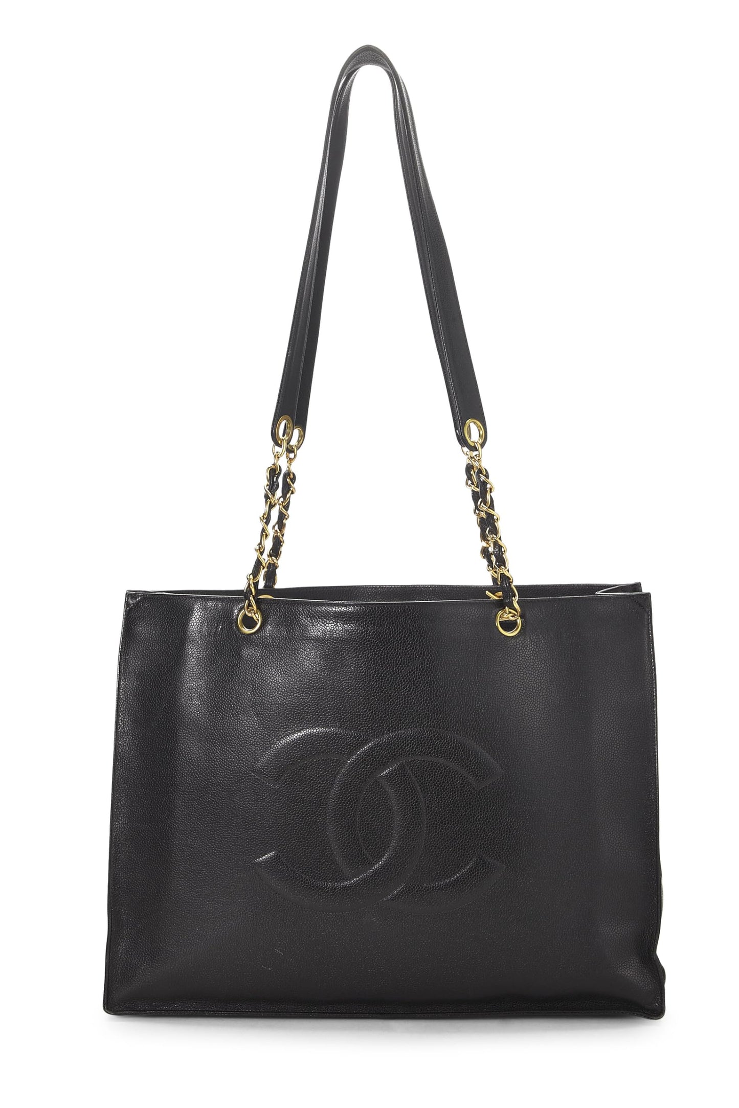 Chanel,  Black Caviar Flat Chain Handle Tote Medium, Black