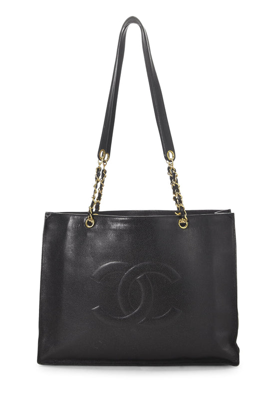 Chanel,  Black Caviar Flat Chain Handle Tote Medium, Black