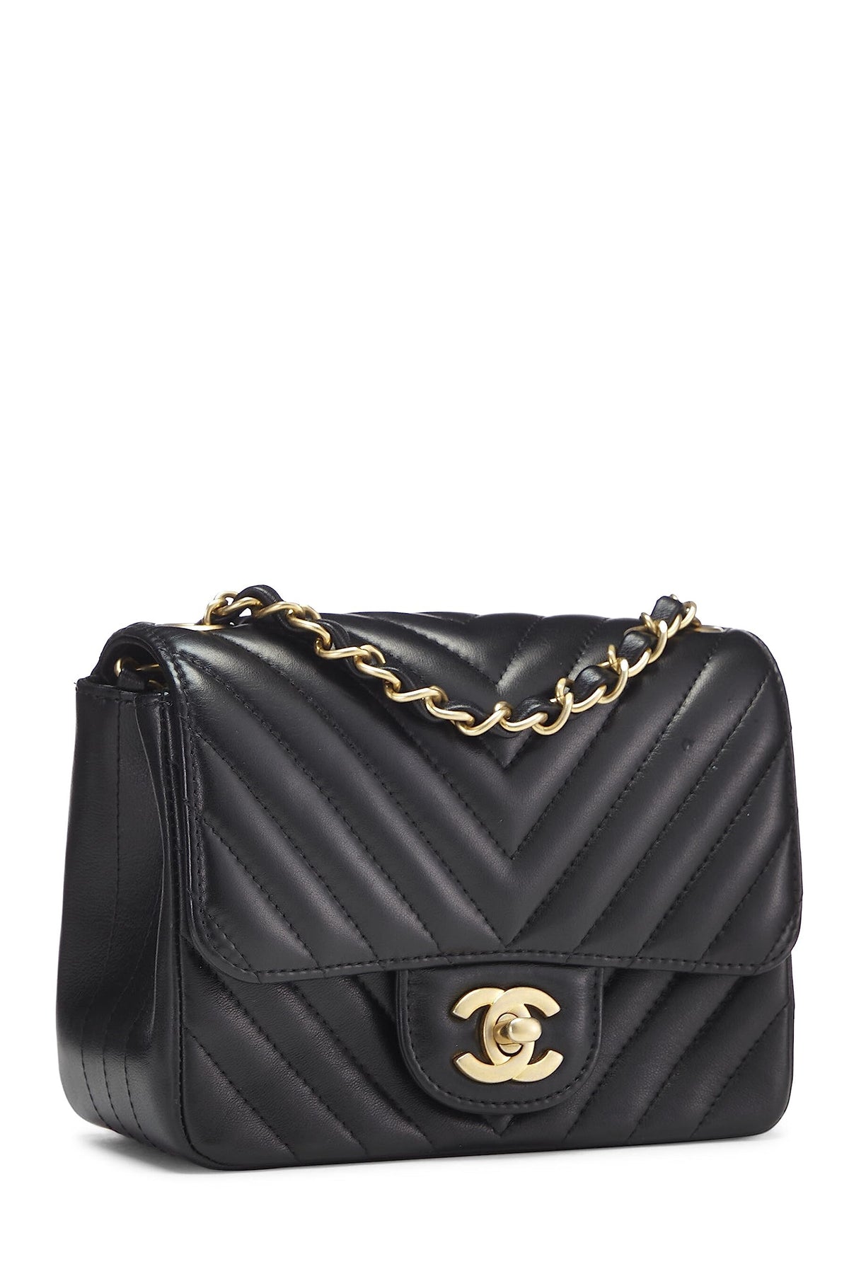 Chanel,  Black Chevron Lambskin Square Flap Mini, Black