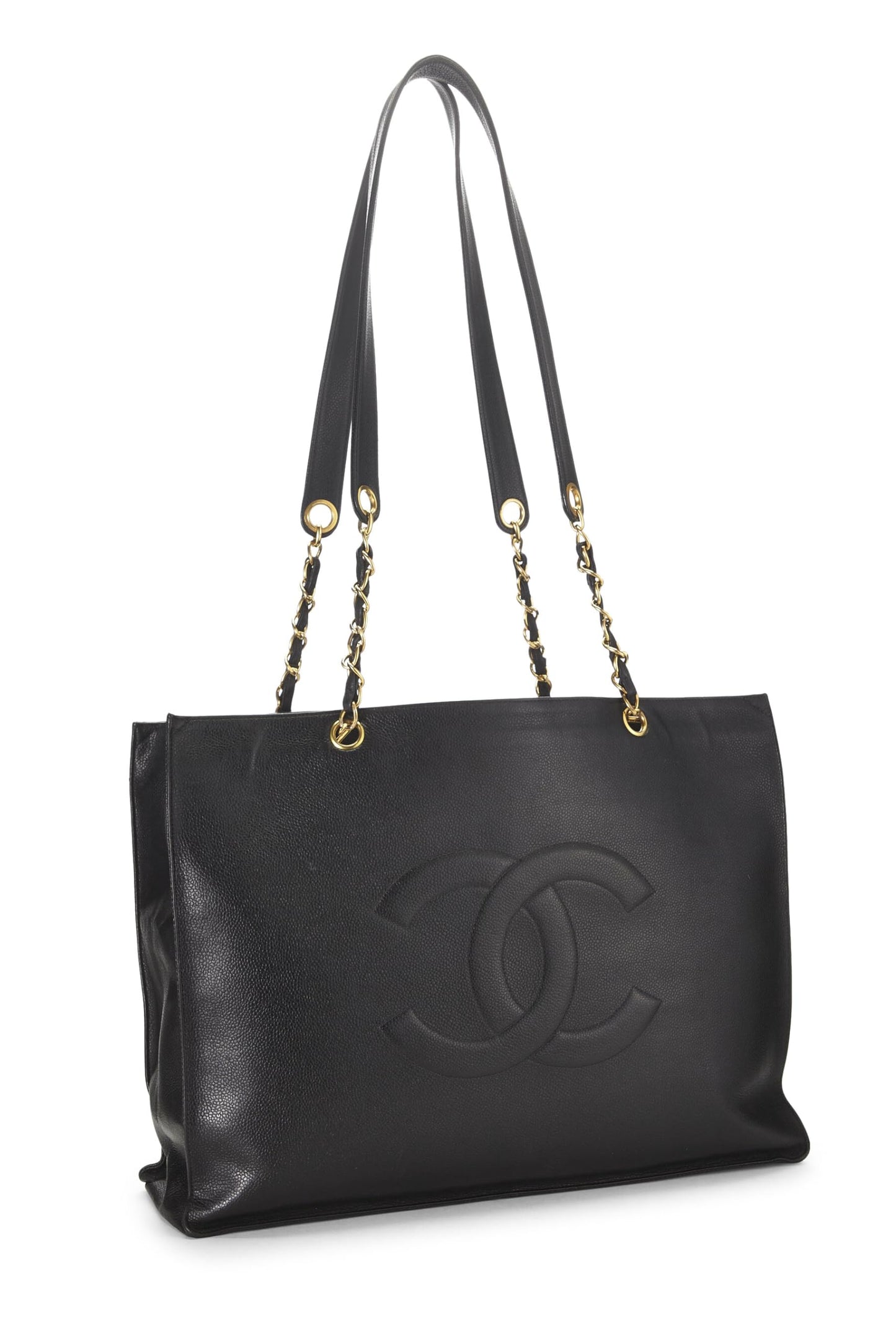 Chanel,  Black Caviar Flat Chain Handle Tote Medium, Black
