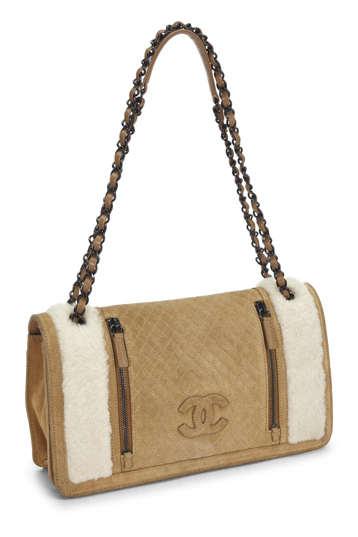 Chanel,  Brown Suede & Shearling Full Flap Bag Medium, Brown