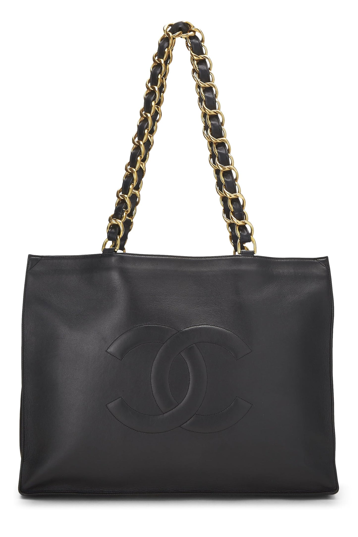 Chanel,  Black Lambskin Flat Chain Handle Tote Medium, Black
