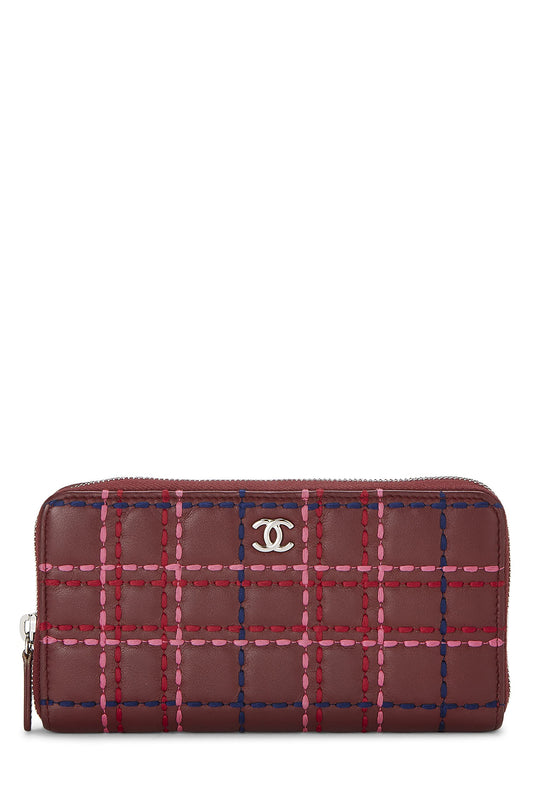 Chanel,  Burgundy Lambskin Stitched Zip-Around Wallet, Burgundy