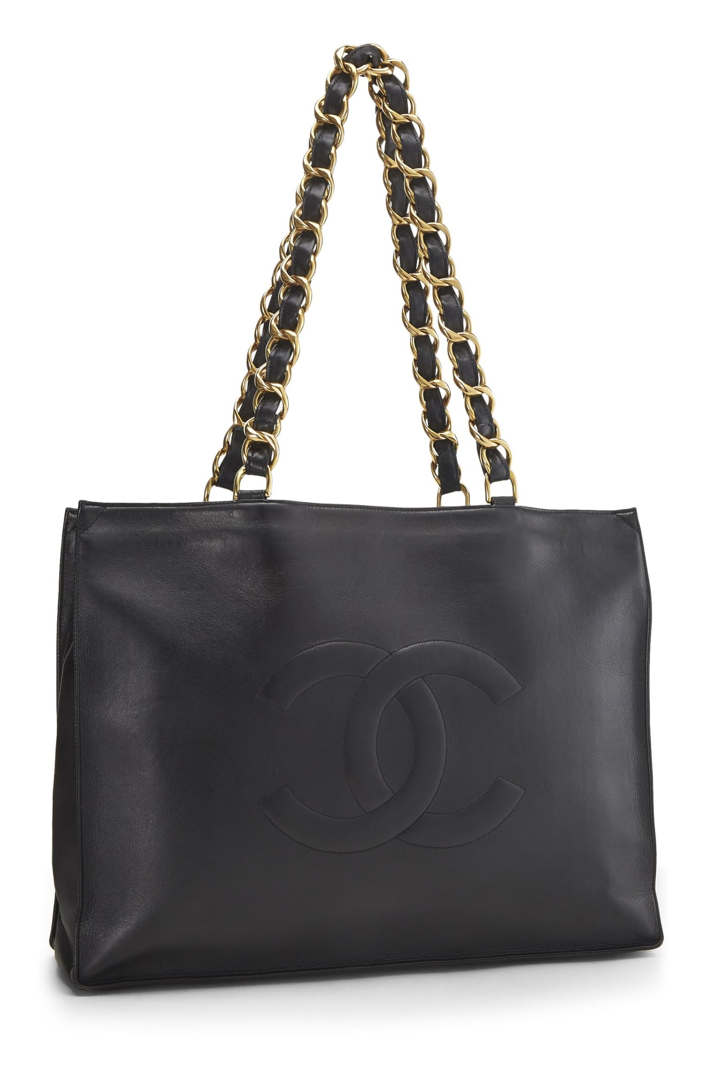 Chanel,  Black Lambskin Flat Chain Handle Tote Medium, Black