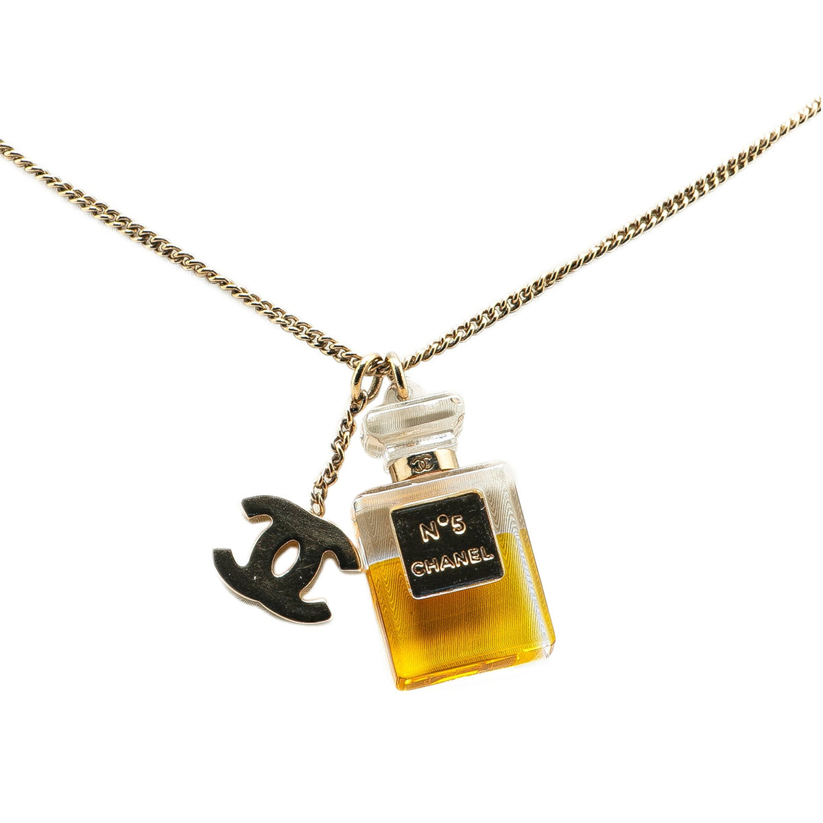 Gold Chanel Gold Plated CC No.5 Perfume Bottle Pendant Necklace Costume Earrings