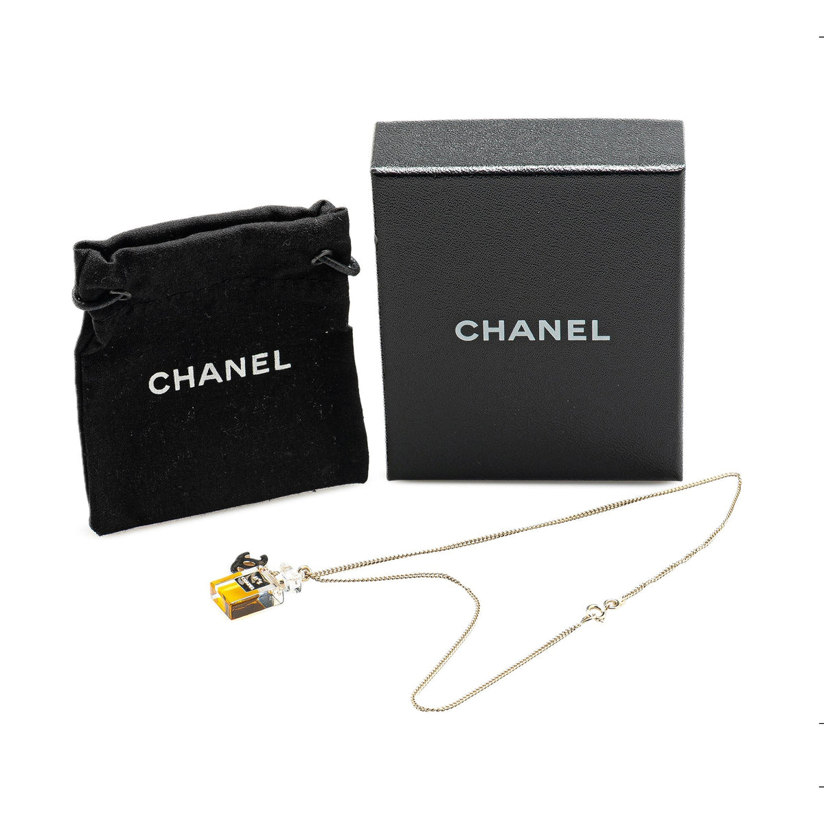 Gold Chanel Gold Plated CC No.5 Perfume Bottle Pendant Necklace Costume Earrings