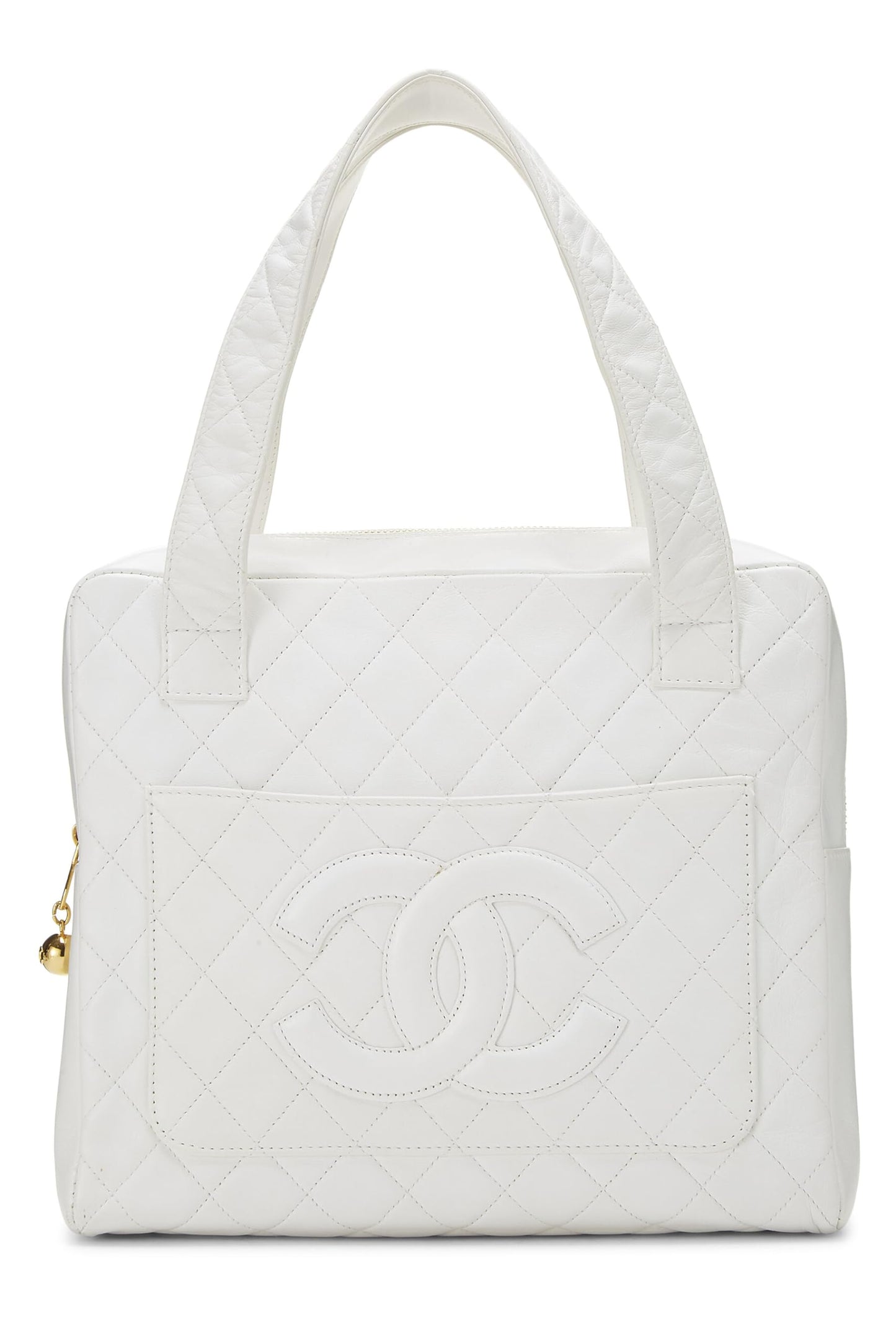 Chanel,  White Quilted Lambskin Top Handle Tote Mini, White
