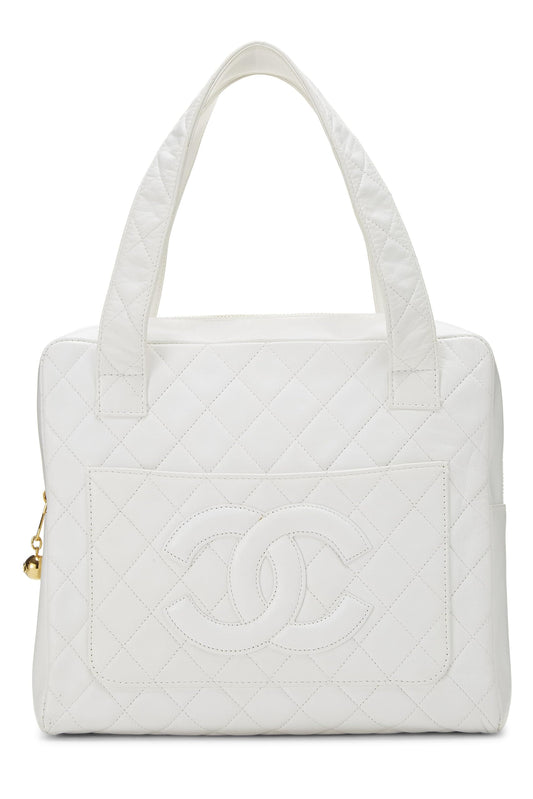 Chanel,  White Quilted Lambskin Top Handle Tote Mini, White