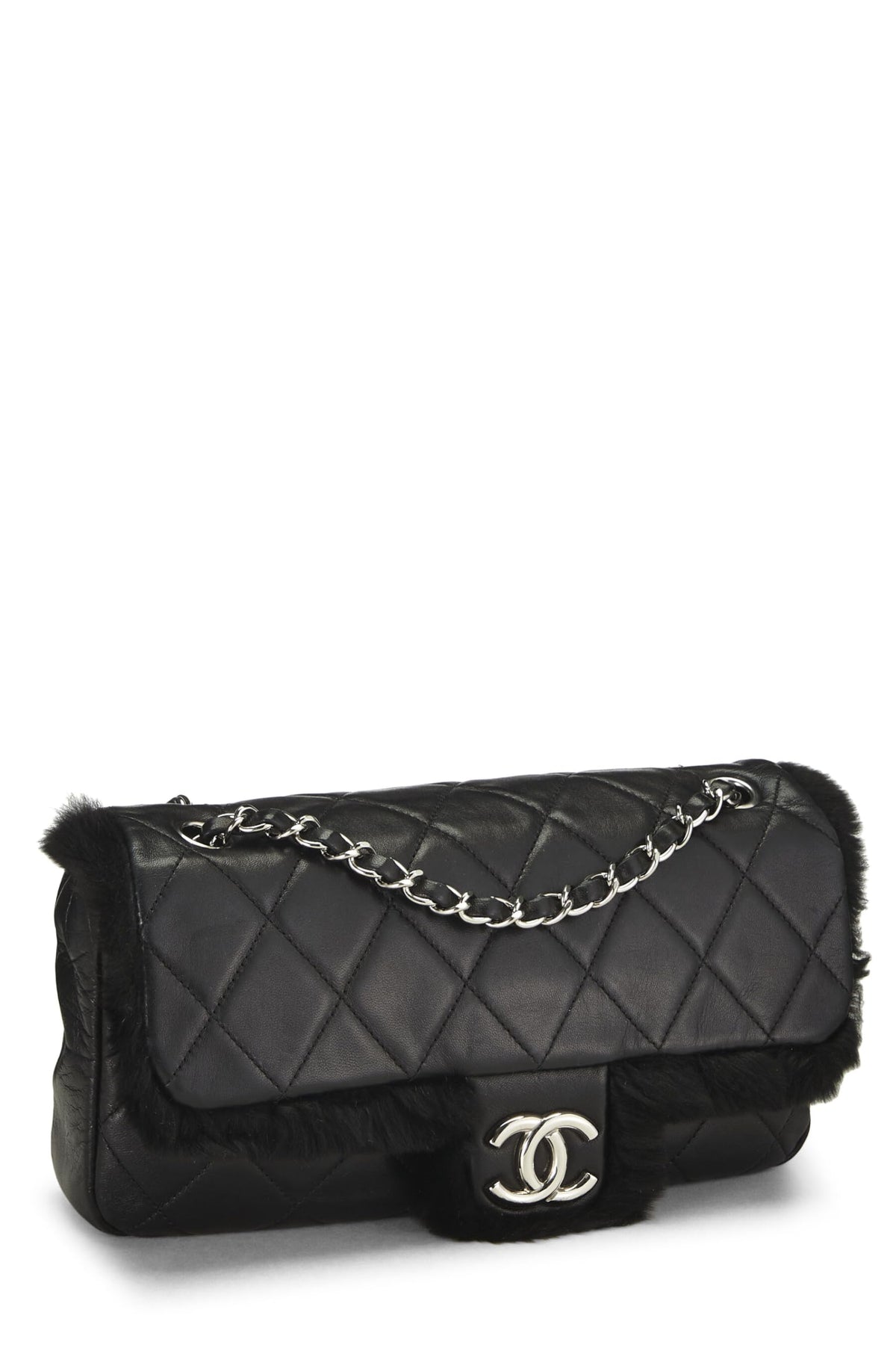 Chanel,  Black Quilted Lambskin Shearling Half Flap Medium, Black