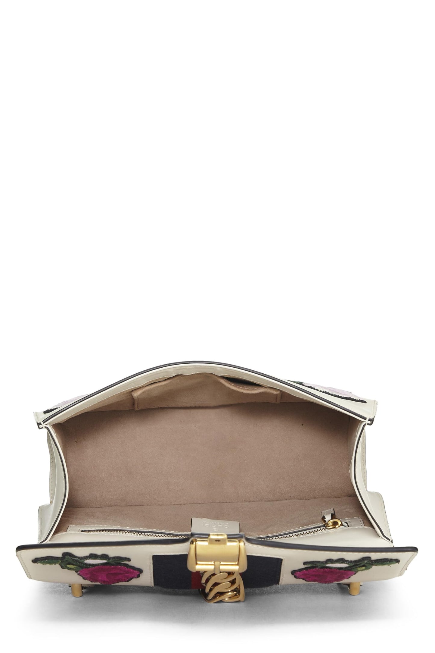 Gucci, White Leather Embroidered Sylvie Shoulder Bag Small, White
